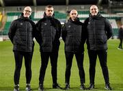 3 March 2023; Match officials, from left, assistant referee Allen Lynch, fourth official Rob Harvey, referee Neil Doyle and assistant referee Emmett Dynan before the SSE Airtricity Men's Premier Division match between Shamrock Rovers and Derry City at Tallaght Stadium in Dublin. Photo by Stephen McCarthy/Sportsfile