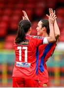 4 March 2023; Kayla Hamric of Shelbourne, right, celebrates with teammate Megan Smyth-Lynch after scoring her side's fourth goal during the SSE Airtricity Women's Premier Division match between Shelbourne and Cork City at Tolka Park in Dublin. Photo by Eóin Noonan/Sportsfile