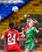 4 March 2023; Christina Dring of Cork City in action against Jessie Stapleton of Shelbourne during the SSE Airtricity Women's Premier Division match between Shelbourne and Cork City at Tolka Park in Dublin. Photo by Eóin Noonan/Sportsfile