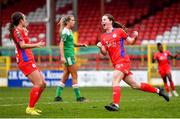 4 March 2023; Rebecca Devereux of Shelbourne celebrates after scoring her side's sixth goal during the SSE Airtricity Women's Premier Division match between Shelbourne and Cork City at Tolka Park in Dublin. Photo by Eóin Noonan/Sportsfile