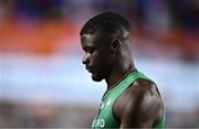 4 March 2023; Israel Olatunde of Ireland reacts after finishing seventh in the men's 60m semi-final during Day 2 of the European Indoor Athletics Championships at Ataköy Athletics Arena in Istanbul, Türkiye. Photo by Sam Barnes/Sportsfile