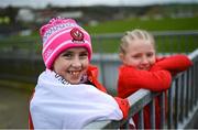 4 March 2023; Derry supporters Cara Morris, age 10, left, and Hannah O'Carolan, age 9, before the Allianz Football League Division 2 match between Derry and Dublin at Celtic Park in Derry. Photo by Ramsey Cardy/Sportsfile