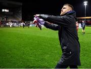 3 March 2023; Shelbourne manager Damien Duff throws a jersey into the crowd after the SSE Airtricity Men's Premier Division match between Shelbourne and Bohemians at Tolka Park in Dublin. Photo by Tyler Miller/Sportsfile