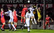 3 March 2023; Paddy Barrett of Shelbourne battles for possession against Grant Horton of Bohemians, and James Talbot during the SSE Airtricity Men's Premier Division match between Shelbourne and Bohemians at Tolka Park in Dublin. Photo by Tyler Miller/Sportsfile