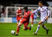 3 March 2023; Kian Leavy of Shelbourne in action against Kacper Radkowski of Bohemians during the SSE Airtricity Men's Premier Division match between Shelbourne and Bohemians at Tolka Park in Dublin. Photo by Tyler Miller/Sportsfile