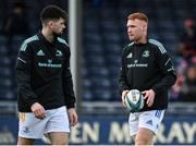 4 March 2023; Ciarán Frawley, right, and Harry Byrne of Leinster warm up before the United Rugby Championship match between Edinburgh and Leinster at The Dam Health Stadium in Edinburgh, Scotland. Photo by Harry Murphy/Sportsfile