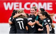 4 March 2023; Shauna Fox of Shamrock Rovers, centre, celebrates with teammates after scoring their side's first goal during the SSE Airtricity Women's Premier Division match between Sligo Rovers and Shamrock Rovers at The Showgrounds in Sligo. Photo by Seb Daly/Sportsfile