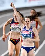 4 March 2023; Laura Muir of Great Britain celebrates after winning the Women's 1500m final during Day 2 of the European Indoor Athletics Championships at Ataköy Athletics Arena in Istanbul, Türkiye. Photo by Sam Barnes/Sportsfile