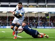 4 March 2023; Max Deegan of Leinster evades the tackle of Ben Vellacott of Edinburgh on his way to scoring his side's first try during the United Rugby Championship match between Edinburgh and Leinster at The Dam Health Stadium in Edinburgh, Scotland. Photo by Harry Murphy/Sportsfile