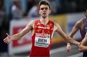 4 March 2023; Adrián Ben of Spain celebrates after winning the Men's 800m semi-final during Day 2 of the European Indoor Athletics Championships at Ataköy Athletics Arena in Istanbul, Türkiye. Photo by Sam Barnes/Sportsfile