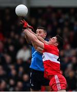 4 March 2023; Conor McCluskey of Derry in action against Cormac Costello of Dublin during the Allianz Football League Division 2 match between Derry and Dublin at Celtic Park in Derry. Photo by Ramsey Cardy/Sportsfile
