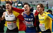 4 March 2023; Men's 400m final medalists, from left, silver, Julien Watrin of Belgium, gold, Karsten Warholm of Norway, and bronze, Carl Bengtstrom of Sweden during Day 2 of the European Indoor Athletics Championships at Ataköy Athletics Arena in Istanbul, Türkiye. Photo by Sam Barnes/Sportsfile