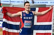 4 March 2023; Karsten Warholm of Norway celebrates after winning the Men's 400m final during Day 2 of the European Indoor Athletics Championships at Ataköy Athletics Arena in Istanbul, Türkiye. Photo by Sam Barnes/Sportsfile