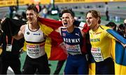 4 March 2023; Men's 400m final medalists, from left, silver, Julien Watrin of Belgium, gold, Karsten Warholm of Norway, and bronze, Carl Bengtstrom of Sweden during Day 2 of the European Indoor Athletics Championships at Ataköy Athletics Arena in Istanbul, Türkiye. Photo by Sam Barnes/Sportsfile