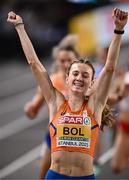 4 March 2023; Femke Bol of Netherlands celebrates after winning the Women's 400m final during Day 2 of the European Indoor Athletics Championships at Ataköy Athletics Arena in Istanbul, Türkiye. Photo by Sam Barnes/Sportsfile
