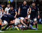 4 March 2023; Michael Milne of Leinster dives over to score his side's third try during the United Rugby Championship match between Edinburgh and Leinster at The Dam Health Stadium in Edinburgh, Scotland. Photo by Harry Murphy/Sportsfile