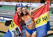 4 March 2023; Femke Bol, left, and Lieke Klaver of Netherlands after winning gold and silver in the Women's 400m final during Day 2 of the European Indoor Athletics Championships at Ataköy Athletics Arena in Istanbul, Türkiye. Photo by Sam Barnes/Sportsfile