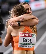 4 March 2023; Femke Bol, left, and Lieke Klaver of Netherlands celebrate winning gold and silver in the Women's 400m final during Day 2 of the European Indoor Athletics Championships at Ataköy Athletics Arena in Istanbul, Türkiye. Photo by Sam Barnes/Sportsfile