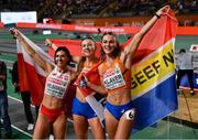 4 March 2023; Women's 400m medalists, from left, Anna Keilbasinska of Poland, bronze, Femke Bol of Netherlands, gold, and Lieke Klaver of Netherlands, bronze, during Day 2 of the European Indoor Athletics Championships at Ataköy Athletics Arena in Istanbul, Türkiye. Photo by Sam Barnes/Sportsfile