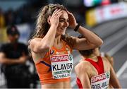 4 March 2023; Lieke Klaver of Netherlands reacts after winning silver in the Women's 400m final during Day 2 of the European Indoor Athletics Championships at Ataköy Athletics Arena in Istanbul, Türkiye. Photo by Sam Barnes/Sportsfile