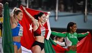 4 March 2023; Women's Triple Jump medalists, from left, Dariya Derkach of Italy, silver, Tagba Danismaz of Turkey, gold, and Patrícia Mamona of Portugal, bronze, during Day 2 of the European Indoor Athletics Championships at Ataköy Athletics Arena in Istanbul, Türkiye. Photo by Sam Barnes/Sportsfile