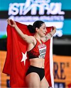 4 March 2023; Tagba Danismaz of Turkey celebrates after winning in the Women's Triple Jump final during Day 2 of the European Indoor Athletics Championships at Ataköy Athletics Arena in Istanbul, Türkiye. Photo by Sam Barnes/Sportsfile