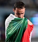 4 March 2023; Samuele Ceccarelli of Italy celebrates after winning the Men's 60m final during Day 2 of the European Indoor Athletics Championships at Ataköy Athletics Arena in Istanbul, Türkiye. Photo by Sam Barnes/Sportsfile