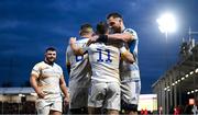 4 March 2023; Dave Kearney of Leinster, 11, celebrates with teammates Max Deegan and Jason Jenkins after scoring his side's fourth try during the United Rugby Championship match between Edinburgh and Leinster at The Dam Health Stadium in Edinburgh, Scotland. Photo by Harry Murphy/Sportsfile