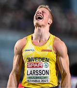 4 March 2023; Henrik Larsson of Sweden reacts after winning bronze in the Men's 60m final during Day 2 of the European Indoor Athletics Championships at Ataköy Athletics Arena in Istanbul, Türkiye. Photo by Sam Barnes/Sportsfile