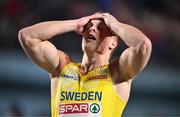 4 March 2023; Henrik Larsson of Sweden reacts after winning bronze in the Men's 60m final during Day 2 of the European Indoor Athletics Championships at Ataköy Athletics Arena in Istanbul, Türkiye. Photo by Sam Barnes/Sportsfile