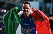4 March 2023; Samuele Ceccarelli of Italy celebrates after winning gold in the Men's 60m final during Day 2 of the European Indoor Athletics Championships at Ataköy Athletics Arena in Istanbul, Türkiye. Photo by Sam Barnes/Sportsfile