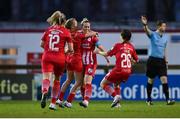 4 March 2023; Emma Hansberry of Sligo Rovers, second from right, celebrates with teammates after scoring their side's first goal during the SSE Airtricity Women's Premier Division match between Sligo Rovers and Shamrock Rovers at The Showgrounds in Sligo. Photo by Seb Daly/Sportsfile