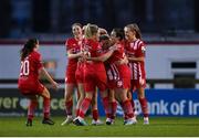 4 March 2023; Emma Hansberry of Sligo Rovers, centre, celebrates with teammates after scoring their side's first goal during the SSE Airtricity Women's Premier Division match between Sligo Rovers and Shamrock Rovers at The Showgrounds in Sligo. Photo by Seb Daly/Sportsfile