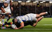 4 March 2023; Michael Milne of Leinster dives over to score his side's fifth try despite the tackle of Boan Venter of Edinburgh during the United Rugby Championship match between Edinburgh and Leinster at The Dam Health Stadium in Edinburgh, Scotland. Photo by Harry Murphy/Sportsfile