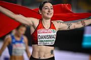 4 March 2023; Tagba Danismaz of Turkey celebrates after winning in the Women's Triple Jump final during Day 2 of the European Indoor Athletics Championships at Ataköy Athletics Arena in Istanbul, Türkiye. Photo by Sam Barnes/Sportsfile