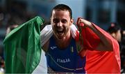 4 March 2023; Samuele Ceccarelli of Italy celebrates after winning gold in the Men's 60m final during Day 2 of the European Indoor Athletics Championships at Ataköy Athletics Arena in Istanbul, Türkiye. Photo by Sam Barnes/Sportsfile