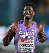 4 March 2023; Reece Prescod of Great Britain reacts after the Men's 60m final during Day 2 of the European Indoor Athletics Championships at Ataköy Athletics Arena in Istanbul, Türkiye. Photo by Sam Barnes/Sportsfile