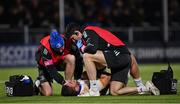 4 March 2023; Scott Penny of Leinster receives treatment from Leinster head physiotherapist Garreth Farrell and team doctor Stuart O'Flanagan during the United Rugby Championship match between Edinburgh and Leinster at The Dam Health Stadium in Edinburgh, Scotland. Photo by Harry Murphy/Sportsfile
