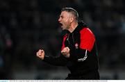 4 March 2023; Derry manager Rory Gallagher celebrates his side's match winning point in the Allianz Football League Division 2 match between Derry and Dublin at Celtic Park in Derry. Photo by Ramsey Cardy/Sportsfile