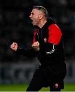 4 March 2023; Derry manager Rory Gallagher celebrates his side's match winning point in the Allianz Football League Division 2 match between Derry and Dublin at Celtic Park in Derry. Photo by Ramsey Cardy/Sportsfile