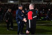 4 March 2023; Dublin manager Dessie Farrell, left, shakes hands with Derry manager Rory Gallagher after the Allianz Football League Division 2 match between Derry and Dublin at Celtic Park in Derry. Photo by Ramsey Cardy/Sportsfile