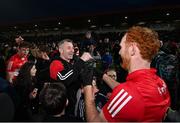 4 March 2023; Derry manager Rory Gallagher and Conor Glass of Derry celebrate after the Allianz Football League Division 2 match between Derry and Dublin at Celtic Park in Derry. Photo by Ramsey Cardy/Sportsfile