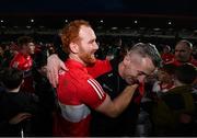 4 March 2023; Derry manager Rory Gallagher and Conor Glass of Derry celebrate after the Allianz Football League Division 2 match between Derry and Dublin at Celtic Park in Derry. Photo by Ramsey Cardy/Sportsfile