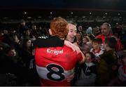 4 March 2023; Derry manager Rory Gallagher and Conor Glass of Derry celebrate after the Allianz Football League Division 2 match between Derry and Dublin at Celtic Park in Derry. Photo by Ramsey Cardy/Sportsfile