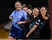 4 March 2023; Áine O'Gorman, centre, celebrates with teammates Amanda Budden, left, and Alannah McEvoy after their side's victory in the SSE Airtricity Women's Premier Division match between Sligo Rovers and Shamrock Rovers at The Showgrounds in Sligo. Photo by Seb Daly/Sportsfile