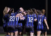 4 March 2023; Chloe Singleton, hidden, celebrates with teammates after scoring her sides first goal during the SSE Airtricity Women's Premier Division match between Athlone Town and Peamount United at Athlone Town Stadium in Westmeath. Photo by Stephen Marken/Sportsfile