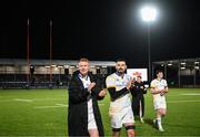 4 March 2023; Ciarán Frawley and Max Deegan of Leinster after their side's victory in the United Rugby Championship match between Edinburgh and Leinster at The Dam Health Stadium in Edinburgh, Scotland. Photo by Harry Murphy/Sportsfile