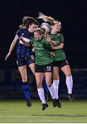4 March 2023; Chloe Singleton of Athlone Town in action against Erin McLaughlin and Kate Mooney of Peamount United during the SSE Airtricity Women's Premier Division match between Athlone Town and Peamount United at Athlone Town Stadium in Westmeath. Photo by Stephen Marken/Sportsfile