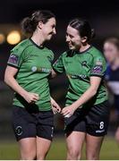 4 March 2023; Sadbh Doyle of Peamount United, right, celebrates with teammate Karen Duggan after scoring her side's third goal during the SSE Airtricity Women's Premier Division match between Athlone Town and Peamount United at Athlone Town Stadium in Westmeath. Photo by Stephen Marken/Sportsfile