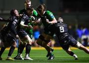 4 March 2023; Cian Prendergast of Connacht is tackled by Ross Moriarty of Dragons during the United Rugby Championship match between Dragons and Connacht at Rodney Parade in Newport, Wales. Photo by Ben Evans/Sportsfile